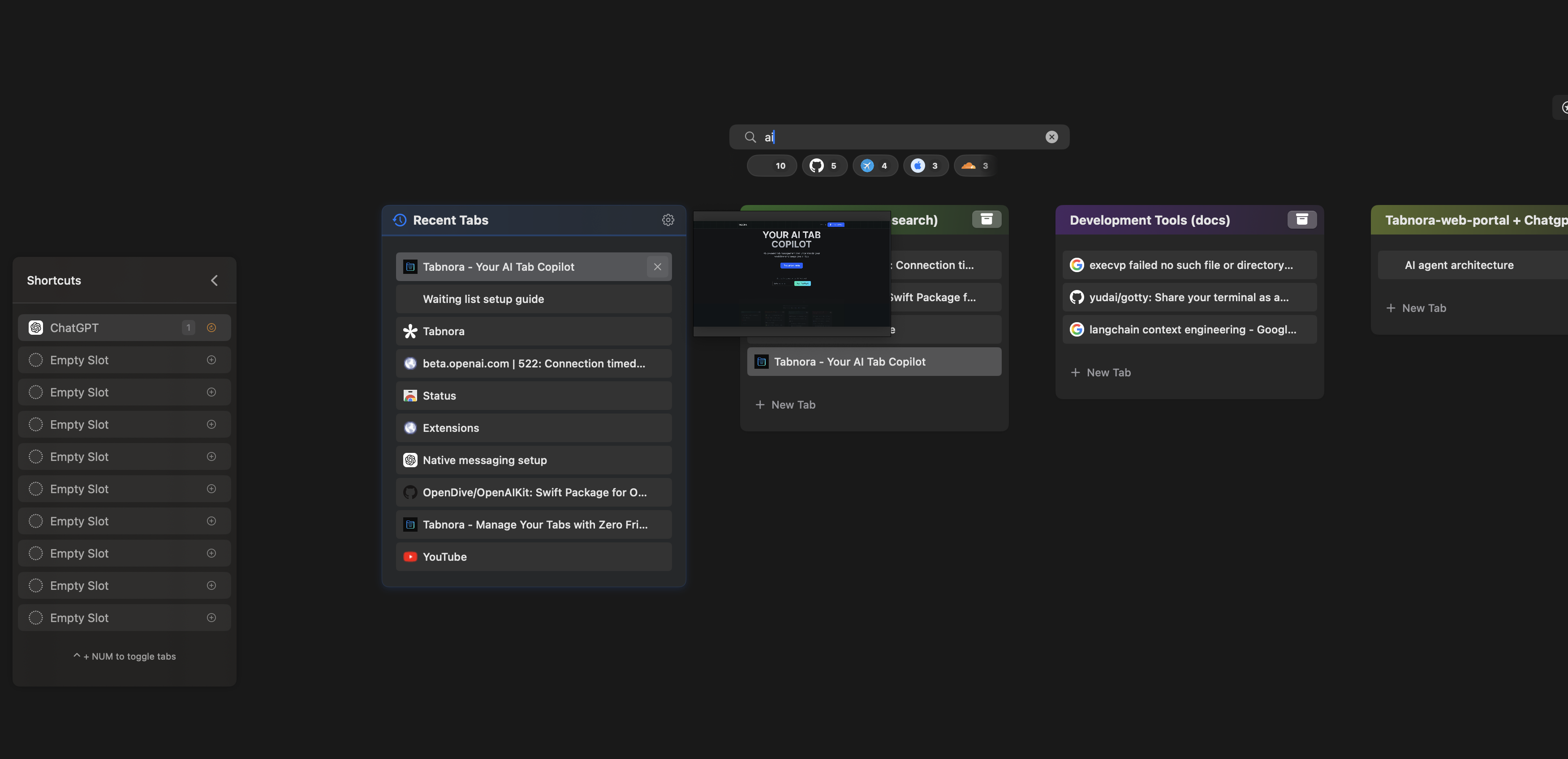 Tabnora AI Tab Copilot interface showing organized tab management